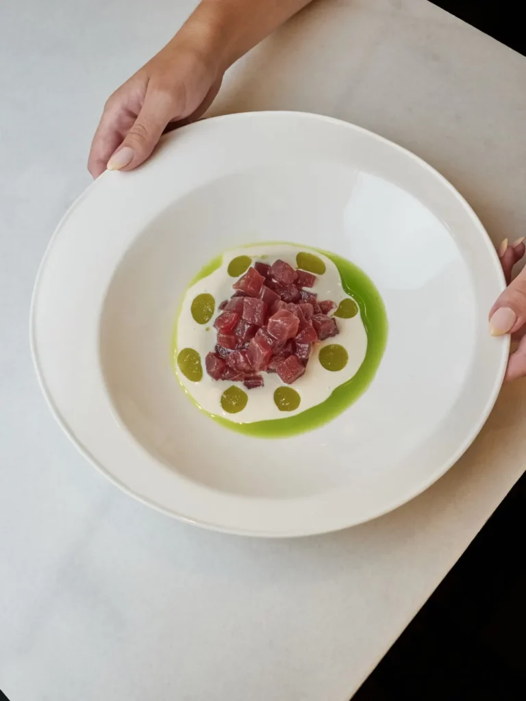 Tartar de atún rojo elaborado con producto fresco en La Pescadería, bar de mariscos y pescados en Sevilla.